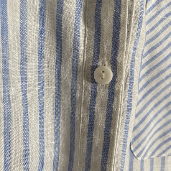 Chicos No Iron 100% Linen Shirt 2 Button Up Blue Striped Beachy Coastal Preppy - Picture 7 of 15